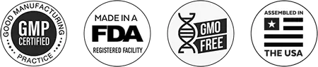 GMP Certified, Made in an FDA registered facility, GMO Free, Assembled in the USA